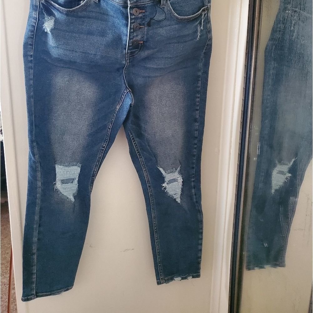 Skinny distressed button fly jeans